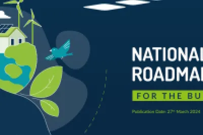 Graphic titled “BUSI2030 – National Upskilling Roadmap 2030 for the Built Environment,” featuring an illustration of hands holding the Earth with green buildings, wind turbines, solar panels, and birds, representing sustainability and environmental innovation.