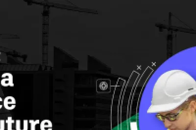 Two workers in hard hats and safety vests in front of a construction site banner.