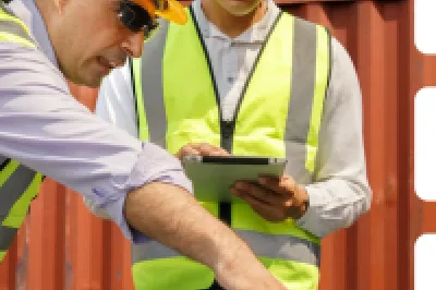 Two construction workers in yellow helmets and safety vests examining cargo containers.