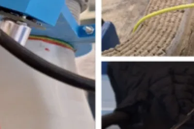 Industrial robotic gripper mechanism with blue components and wiring, shown from multiple angles.