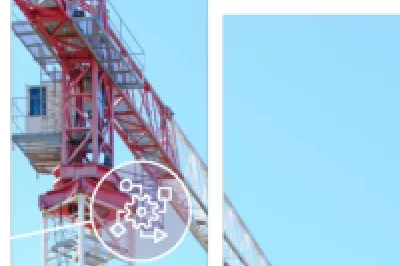 Construction workers on scaffolding beside a tall red crane at a building site.