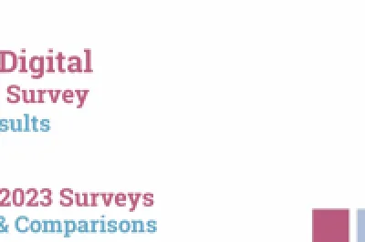 Build Digital Annual Survey 2023 report cover with construction crane graphic and pink accent blocks.