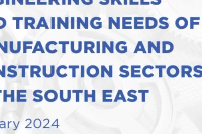 Graphic: Report cover titled "Evaluation of the Engineering Skills and Training Needs of Manufacturing and Construction Sectors in the South East," January 2024.