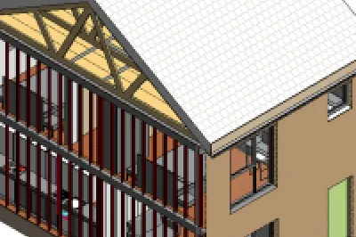 3D architectural model of a two-story brick house with a white roof and timber-framed gable.