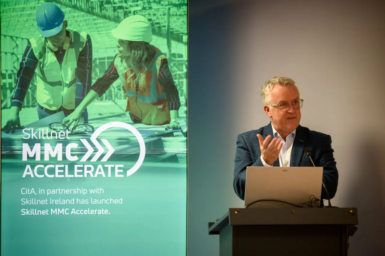 Two-panel image: Person working with equipment in a lab on left; speaker presenting at a podium with MMCX Accelerate branding on right.