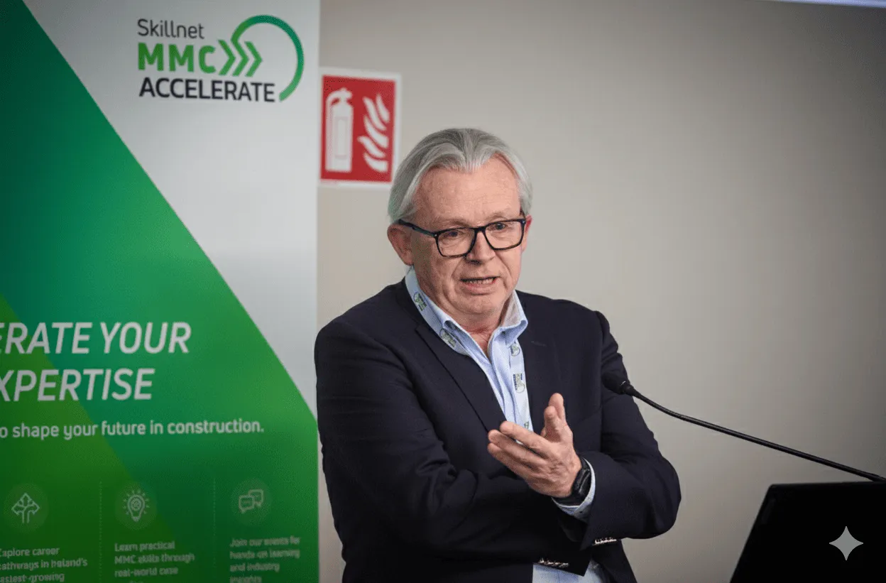 Person in a dark suit speaking at a podium with a green "Share Your Expertise" banner visible.