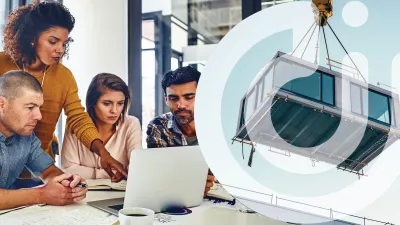 A group of office workers gather around a laptop. To the right, a modular building unit is hoisted by a crane.