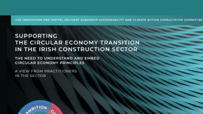 Cover with the title “Supporting the Circular Economy Transition in the Irish Construction Sector” on a black and teal background with curved lines.