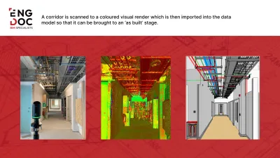 Three side-by-side images show a corridor with exposed ceiling pipes: a photo, a 3D model with color-coded elements, and a clean digital rendering of the finished space.
