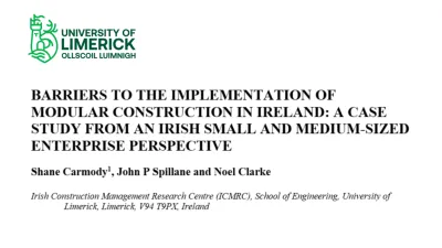Title slide of a research paper presentation from Munster Technological University titled 'Barriers to the Implementation of Modern Methods of Construction in Ireland