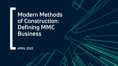 Dark blue graphic with turquoise line drawings of abstract buildings. White text reads: 'Modern Methods of Construction: Defining MMC Business