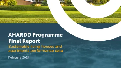 Cover page of the AHARDD Programme Final Report titled 'Sustainable living houses and apartments performance data"