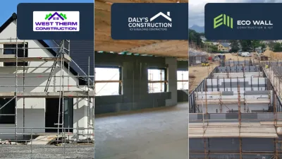 Three photos of buildings under construction. Left: house with scaffolding. Center: interior view with concrete walls and wooden beams. Right: large construction site with stacked wall panels and mountains in the background.