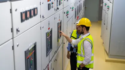 Two people wearing safety helmets and reflective vests inspecting and operating control panels inside an industrial facility.