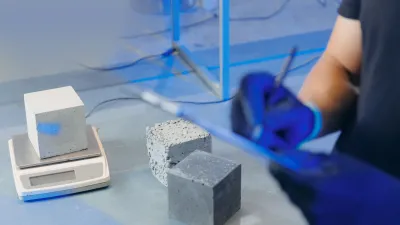 Concrete test cubes on a table, with one cube placed on a digital scale and a person wearing gloves holding a clipboard in the foreground.