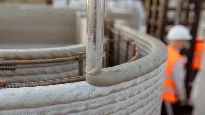 Close-up of a 3D-printed concrete wall with visible reinforcement bars.