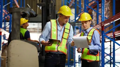 Warehouse workers in yellow hard hats discussing operations near blue storage racks.