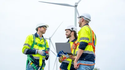 Three workers in safety gear discussing plans near a wind turbine.