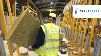 Construction worker in a yellow safety vest handling insulation material inside a building frame.
