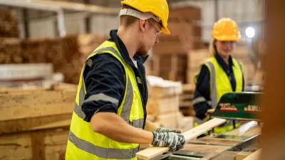 Construction workers in yellow hard hats and safety vests working with wooden materials in a workshop.