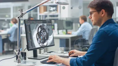 Person working on a computer with engine design or mechanical diagram on screen in an industrial setting.
