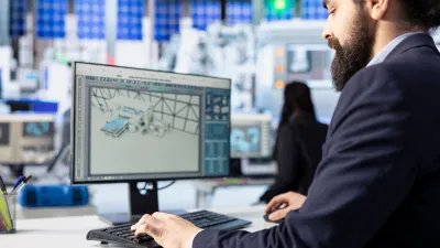 Professional in suit working at computer with financial data on screen in technical environment.