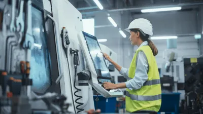 Factory worker in hard hat and safety vest operating industrial machinery in a manufacturing facility.