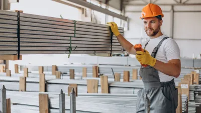 Construction worker in orange helmet reviewing documents in warehouse with stacked building materials.