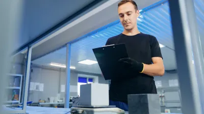 Person in black shirt working at a modern service counter with a digital device.