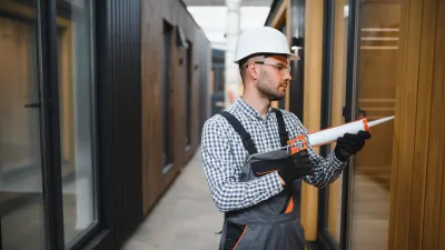 Building inspector in hard hat and overalls checking a hallway with clipboard.