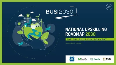 Graphic titled “BUSI2030 – National Upskilling Roadmap 2030 for the Built Environment,” featuring an illustration of hands holding the Earth with green buildings, wind turbines, solar panels, and birds, representing sustainability and environmental innovation.