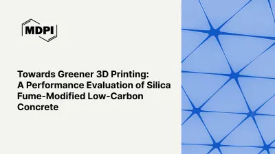 Cover slide with the title “Towards Greener 3D Printing: A Performance Evaluation of Silica Fume-Modified Low-Carbon Concrete ” and blue geometric design elements on the right.