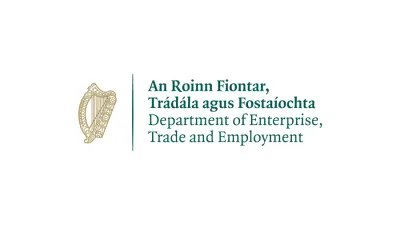 Logo of Irish government Department of Enterprise, Trade and Employment with golden harp emblem