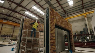 Worker in yellow vest on ladder assembling a large modular panel structure inside an industrial warehouse.