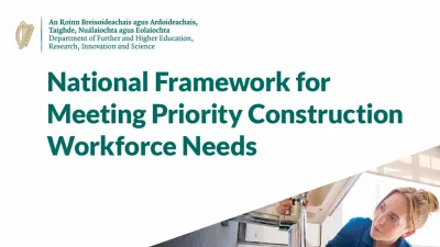 Graphic: National Framework for Meeting Priority Construction Workforce Needs document cover with a woman reviewing plans.