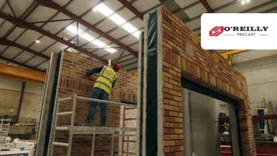 Worker in yellow vest on ladder inspecting large brick-effect modular structure in industrial warehouse.