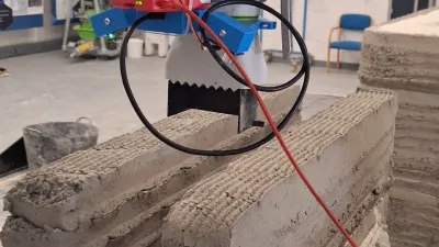 Stack of concrete blocks in a factory with industrial machinery and colorful cables above.