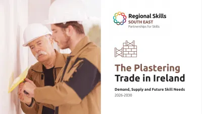 Two construction workers reviewing plastering work, with "The Plastering Trade in Ireland" report cover graphic.