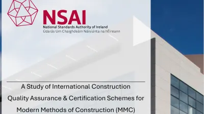 NSAI logo and cover page for a study on International Construction Quality Assurance &amp; Certification Schemes for MMC.