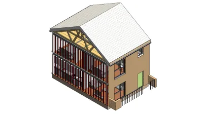 3D architectural model of a two-story brick house with a white roof and timber-framed gable.