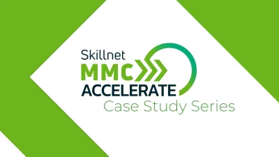 Skillnet MMC Accelerate Case Study Series logo on a green and white geometric background.