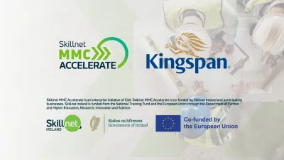 Logo graphic for SkillNet MMC Accelerate and Kingspan partnership, with EU co-funding logos below.