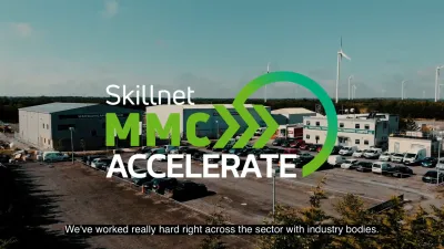 Skillnet MMC Accelerate logo overlaid on an aerial view of an industrial facility.