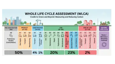 Whole Life Cycle Assessment (WLCA) infographic showing cost breakdown categories with colorful percentage bars and icons.
