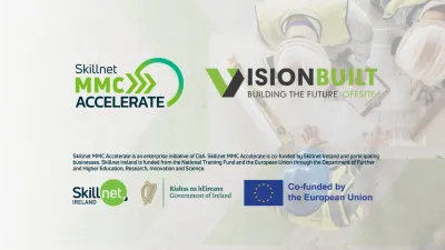 Skillnet MMC Accelerate and VisionBuilt logos on a dark background with EU funding acknowledgment text.