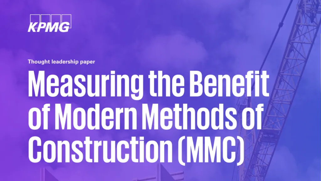 Cover with a purple gradient background, KPMG logo, and the title “Measuring the Benefit of Modern Methods of Construction (MMC).”