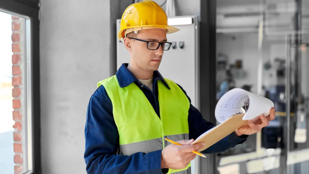 A male with a high vis vest, hard hat, and glasses reviews a chart on a clipboard.