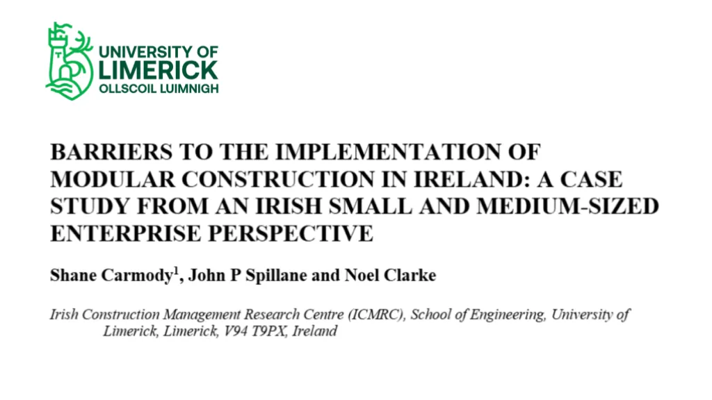 Title slide of a research paper presentation from Munster Technological University titled 'Barriers to the Implementation of Modern Methods of Construction in Ireland