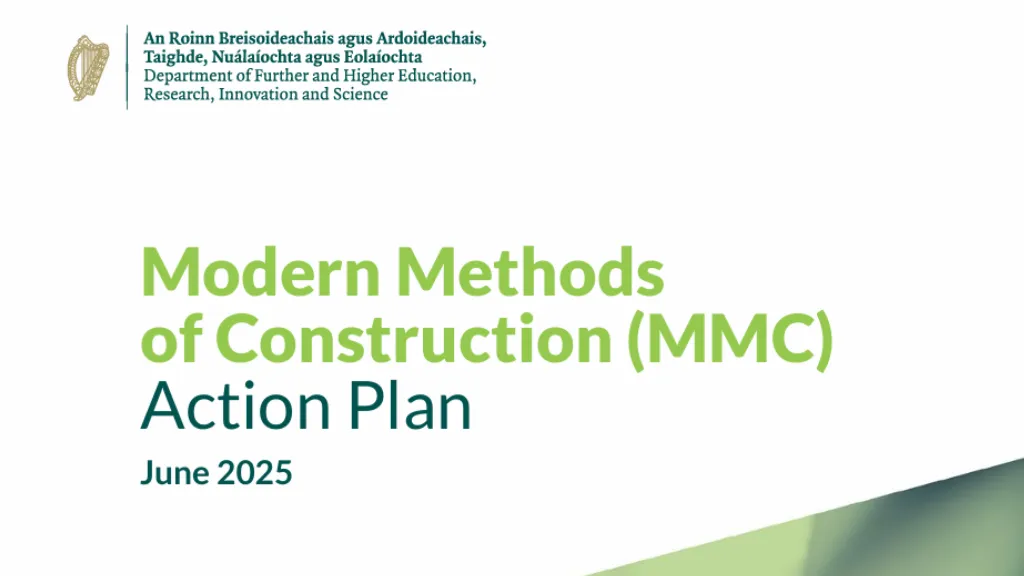 Cover page with the Government of Ireland logo. Text reads: 'Modern Methods of Construction (MMC) Action Plan, June 2025