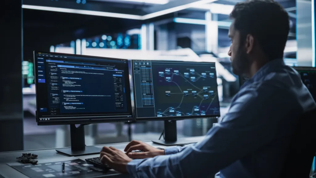 A person is sitting at a desk, working on AI coding for machine learning.
